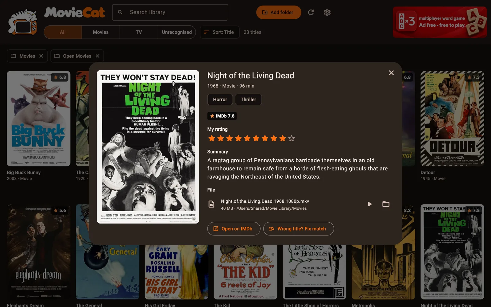 Detail view with summary, genres, IMDb rating and your own rating